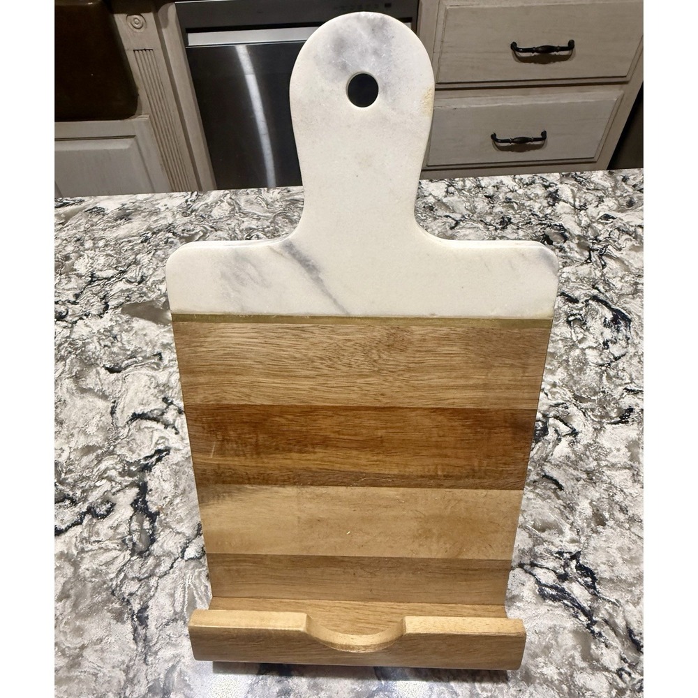 Acacia Wood & White Marble Cookbook Stand Tablet Holder 8x14"